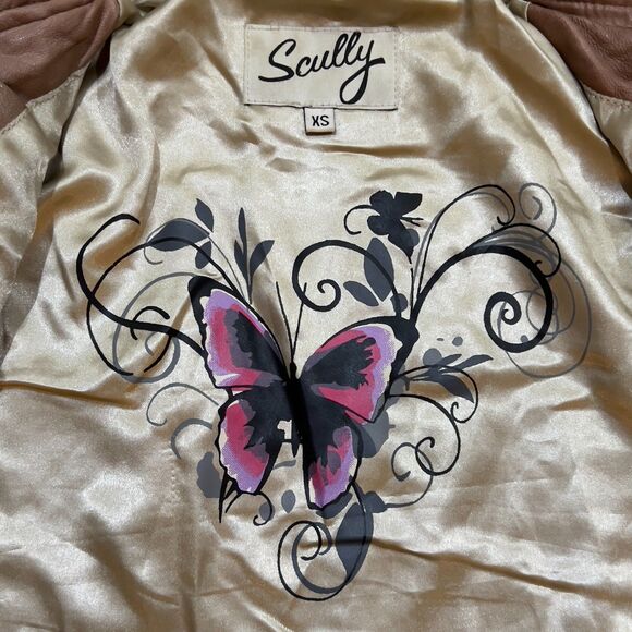 RARE! Scully Light Brown Soft Leather Jacket Interior Butterfly Graphic Women XS - Picture 7 of 11